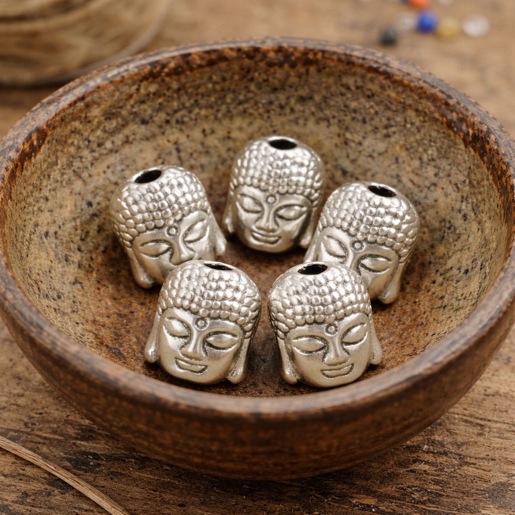 5 Buddha Perlen aus Metall antik silberfarben 9 x 7 x 7 mm