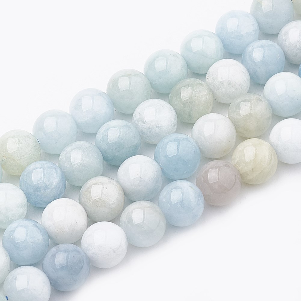 Natürlicher Aquamarin Perlenstrang 8 mm rund glatt glänzend (ca. 47 Perlen / ca. 37 cm Länge)