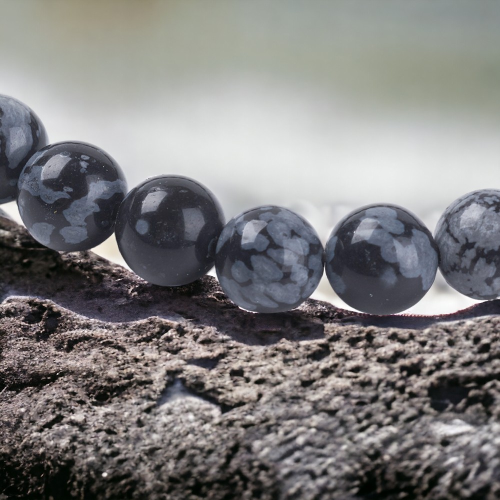 Natürlicher kurzer Schneeflocken Obsidian Perlenstrang 6 - 6,5 rund glatt glänzend (ca. 30 Perlen)
