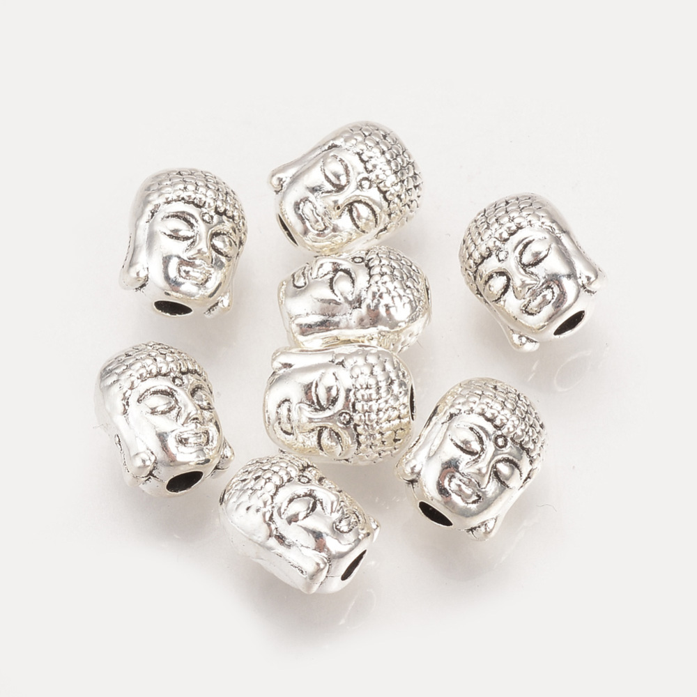 5 Buddha Perlen aus Metall antik silberfarben 9 x 7 x 7 mm