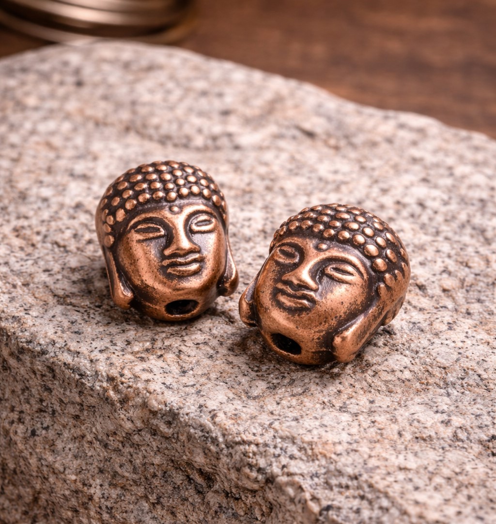 2 tibetische Buddha Perlen in Kupferoptik 10 x 9 x 8 mm - Metallperlen für Mala-Ketten & Schmuckdesign