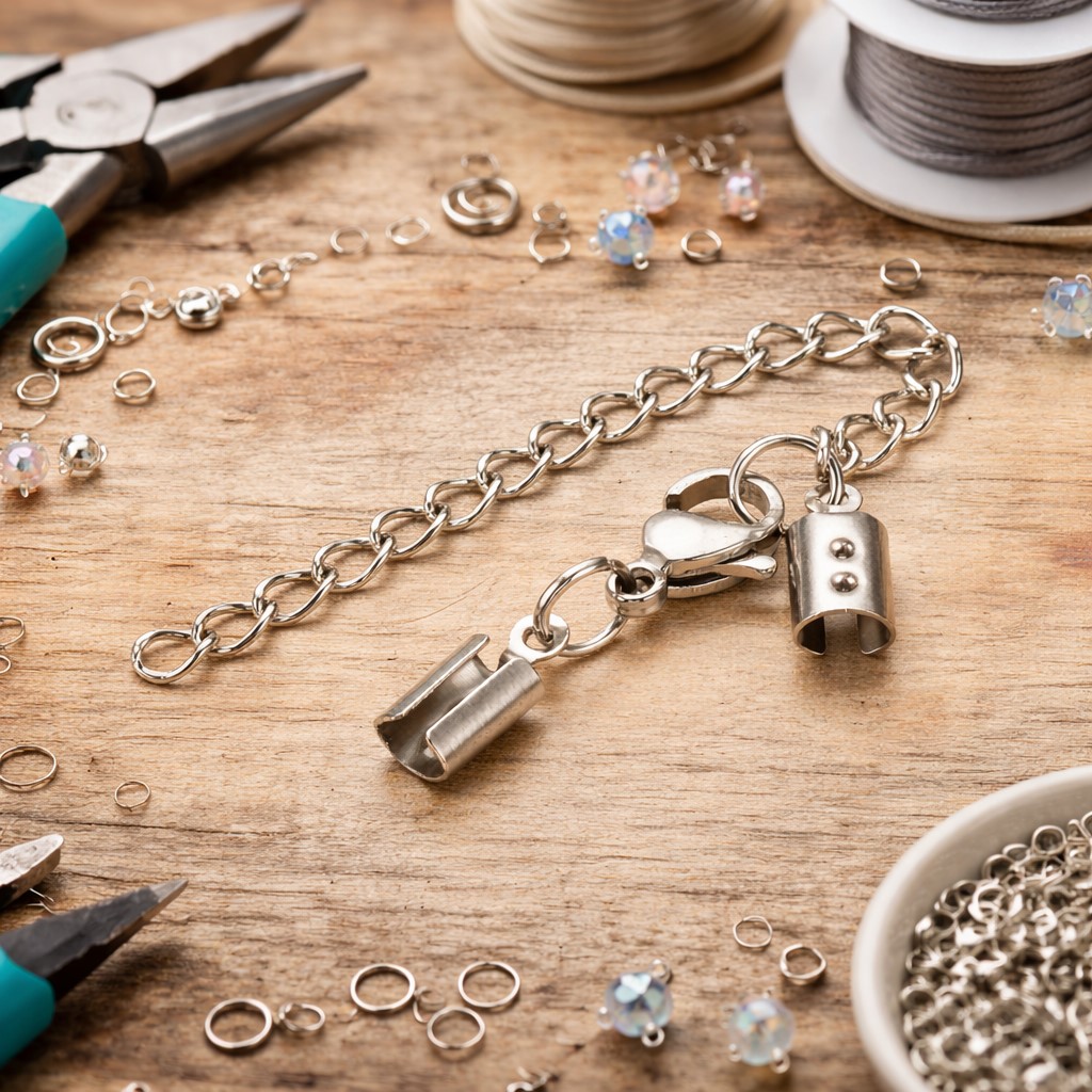 Edelstahl Karabinerverschluss mit Klemmverschluss für Bandenden mit Verlängerungskette 35 mm