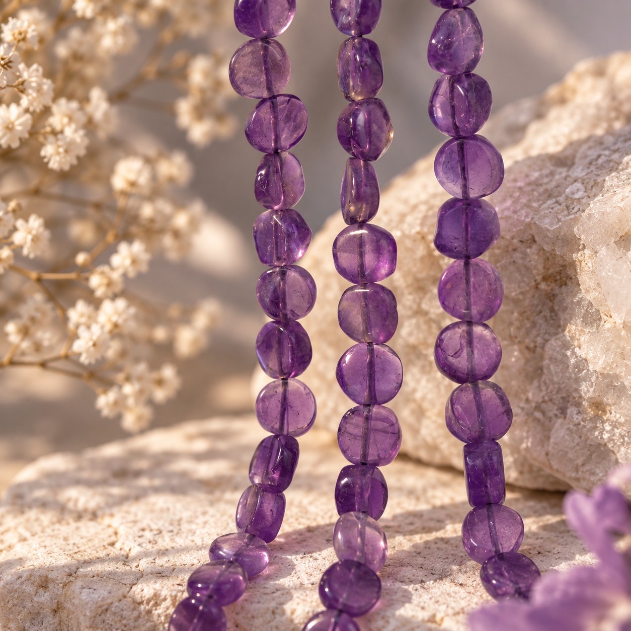 Amethyst Perlenstrang unregelmäßige flache Perlen 6 - 6,5 mm x 3 - 3,5 mm (ca. 32 cm Länge)