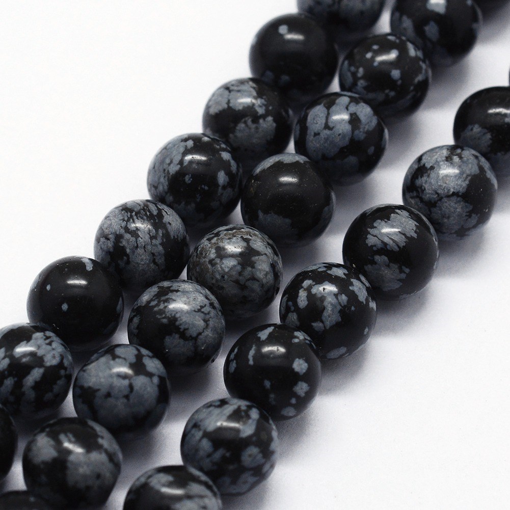 Schneeflocken Obsidian Perlenstrang 6 - 6,5 mm rund glatt (ca. 60 Perlen / ca. 39 cm Länge)