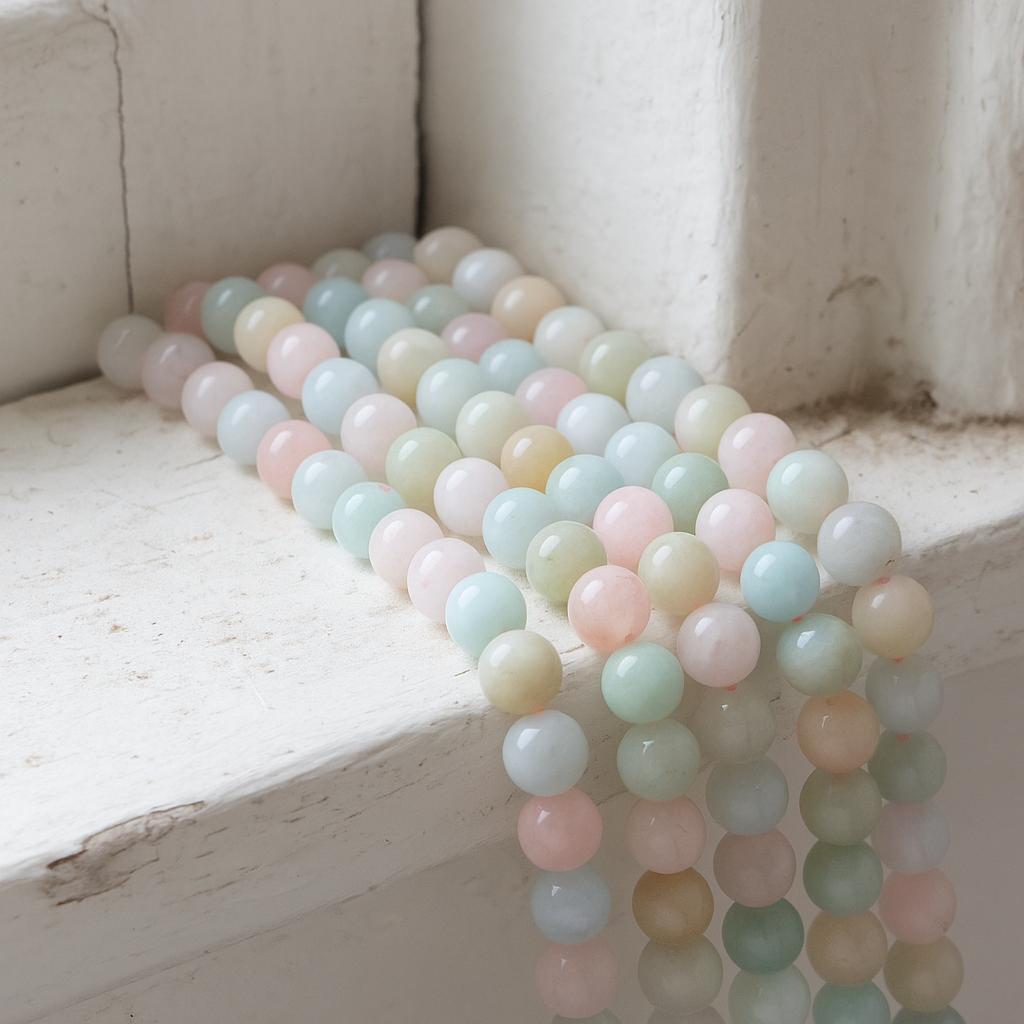 Morganit Perlenstrang 6 - 6,5 mm pastellfarben rund glatt glänzend (ca. 61 Perlen / ca. 39,5 cm Länge)