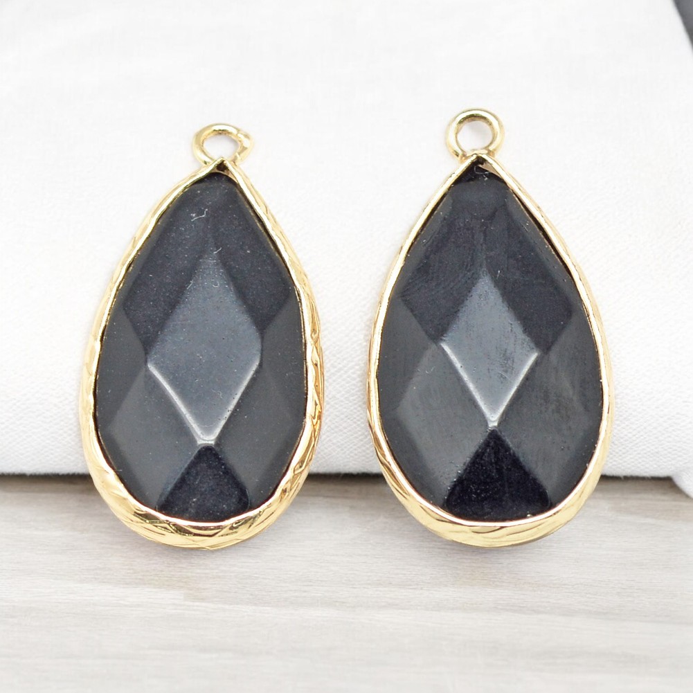Natürlicher schwarzer Obsidian Anhänger mit goldfarbener Metalleinfassung 33 x 16 x 6 mm