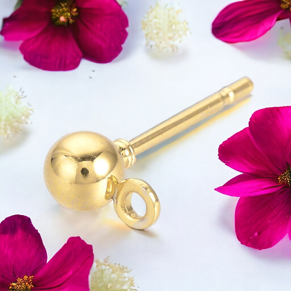 10 Ohrstecker aus Eisen goldfarben mit Kugel und Anhängeröse und weichem Ohrstopper 6,5 x 4 mm