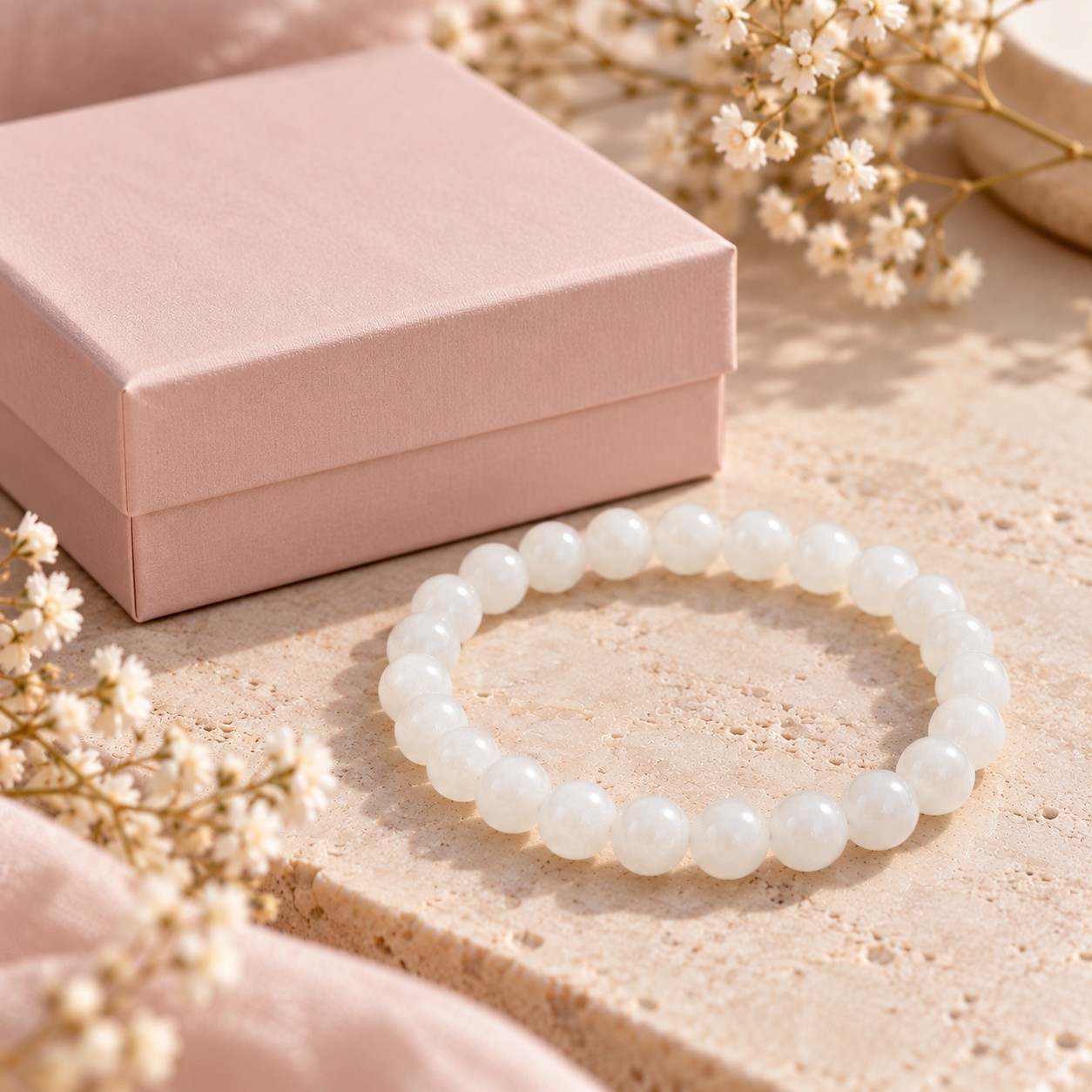 Handgefertigte weißes Jadeperlenarmband 6 - 6,5 mm Natursteinperlen in Schmuckschachtel