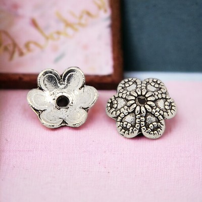 20 tibetische Perlenkappen Blume 6-Blütenblatt 9 x 3 mm antik silberfarben