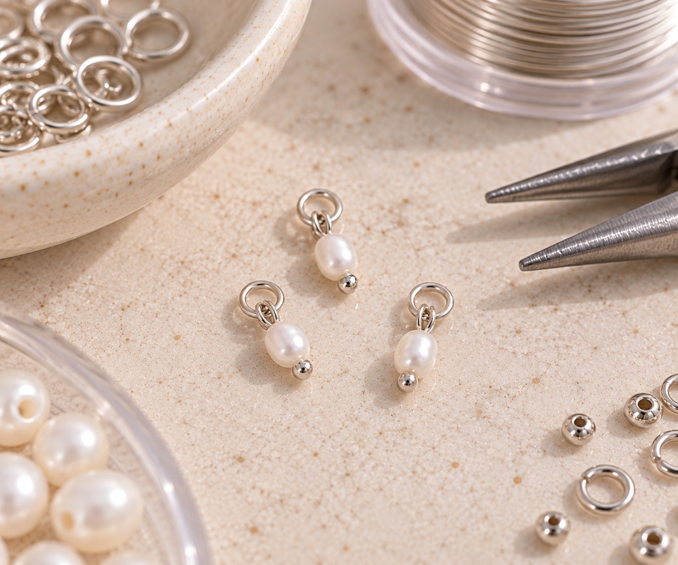 3 kleine Süßwasser-Zuchtperlen Charm Anhänger 9-10 x 4 mm mit Edelstahl Biegering