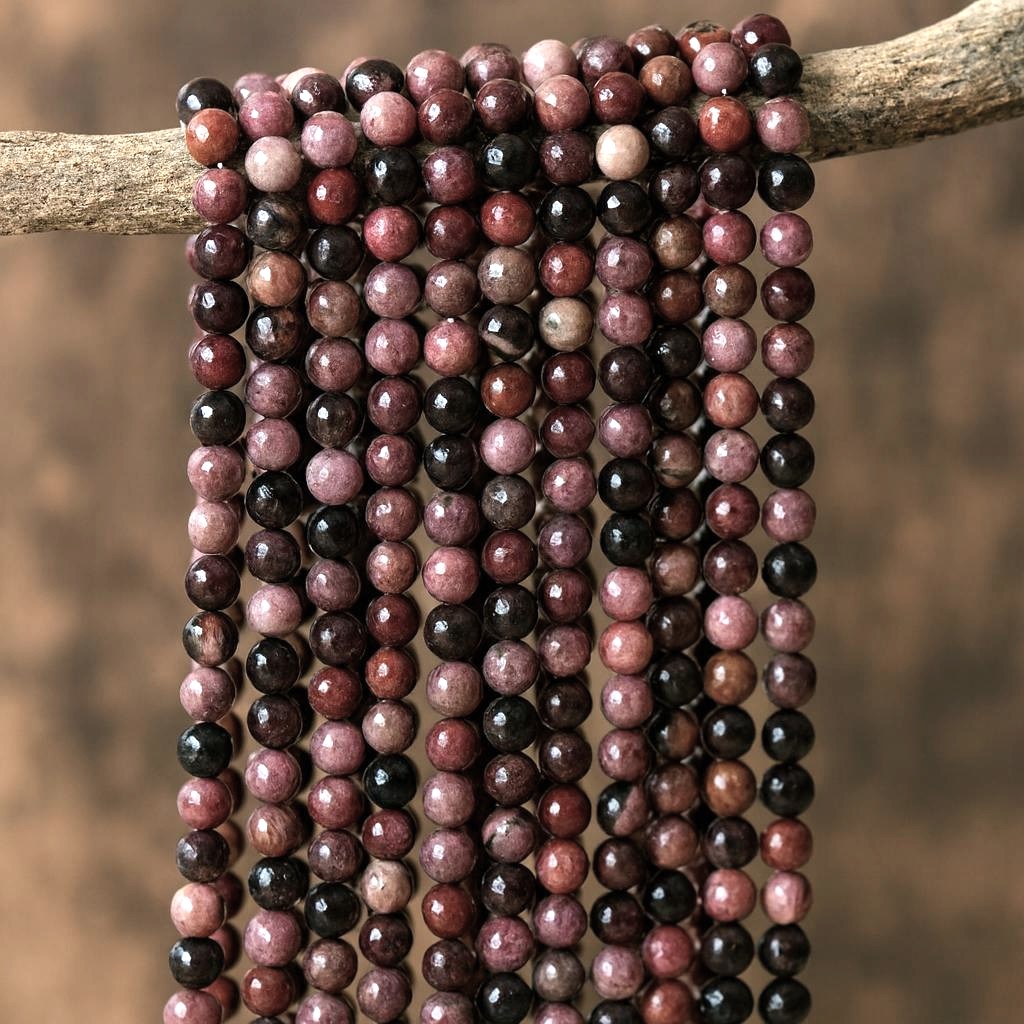 Natürlicher Rhodonit Perlenstrang 8 mm rund glatt glänzend (ca. 45 Perlen / ca. 38,5 cm Länge)