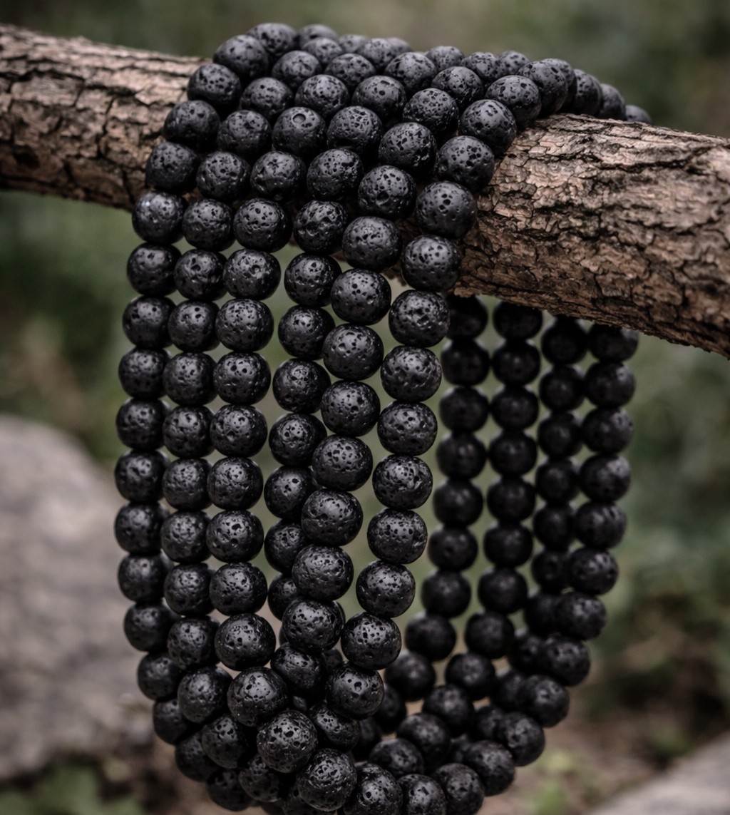 Natürlicher Lava Perlenstrang schwarz 8,5 - 8,8 mm gewachst (ca 47 Perlen / ca. 39,5 cm Länge)