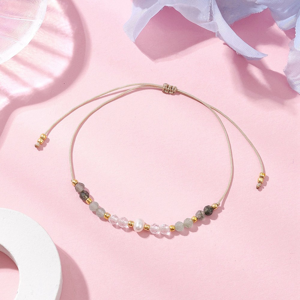 Verstellbares Armband mit Flechtverschluss mit 3 mm Perlen Moosachat, grünem Aventurin und Quarzkristall