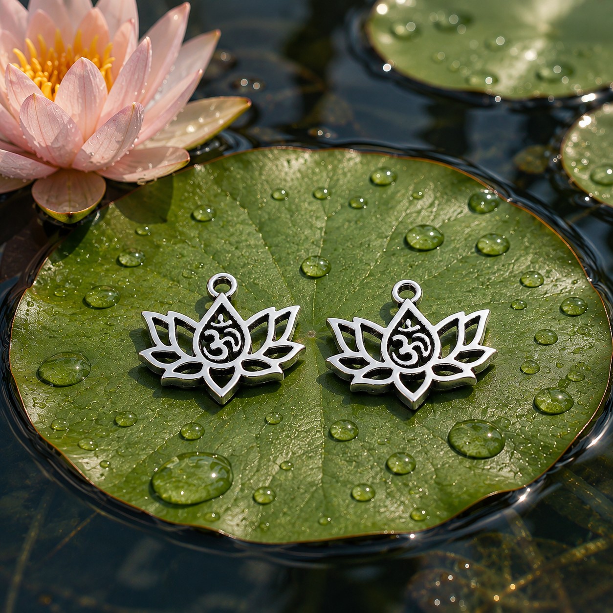 2 elegante Charm Anhänger Lotusblume mit Om-Symbol 16 x 20 x 1,5 mm