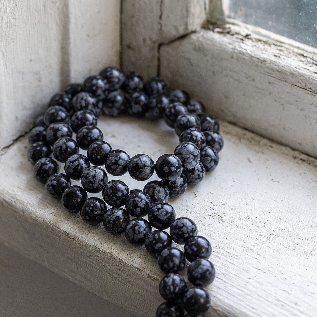 Natürlicher Schneeflocken Obsidian Perlenstrang rund glatt glänzend 8 mm (ca. 46 Perlen / ca. 38 cm