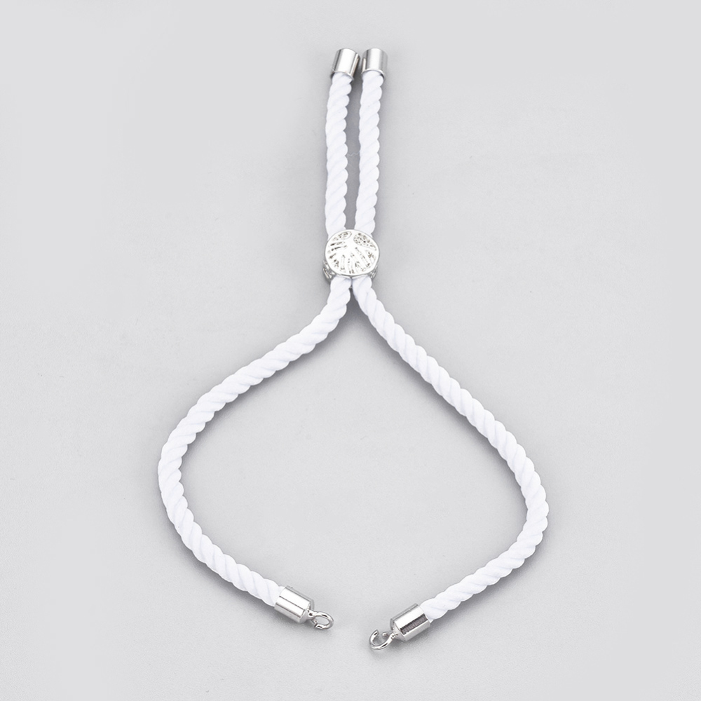 Armband Rohling weiße Baumwollschnur mit platinfarbenen Messingösen Bandenden und Schiebeverschluß