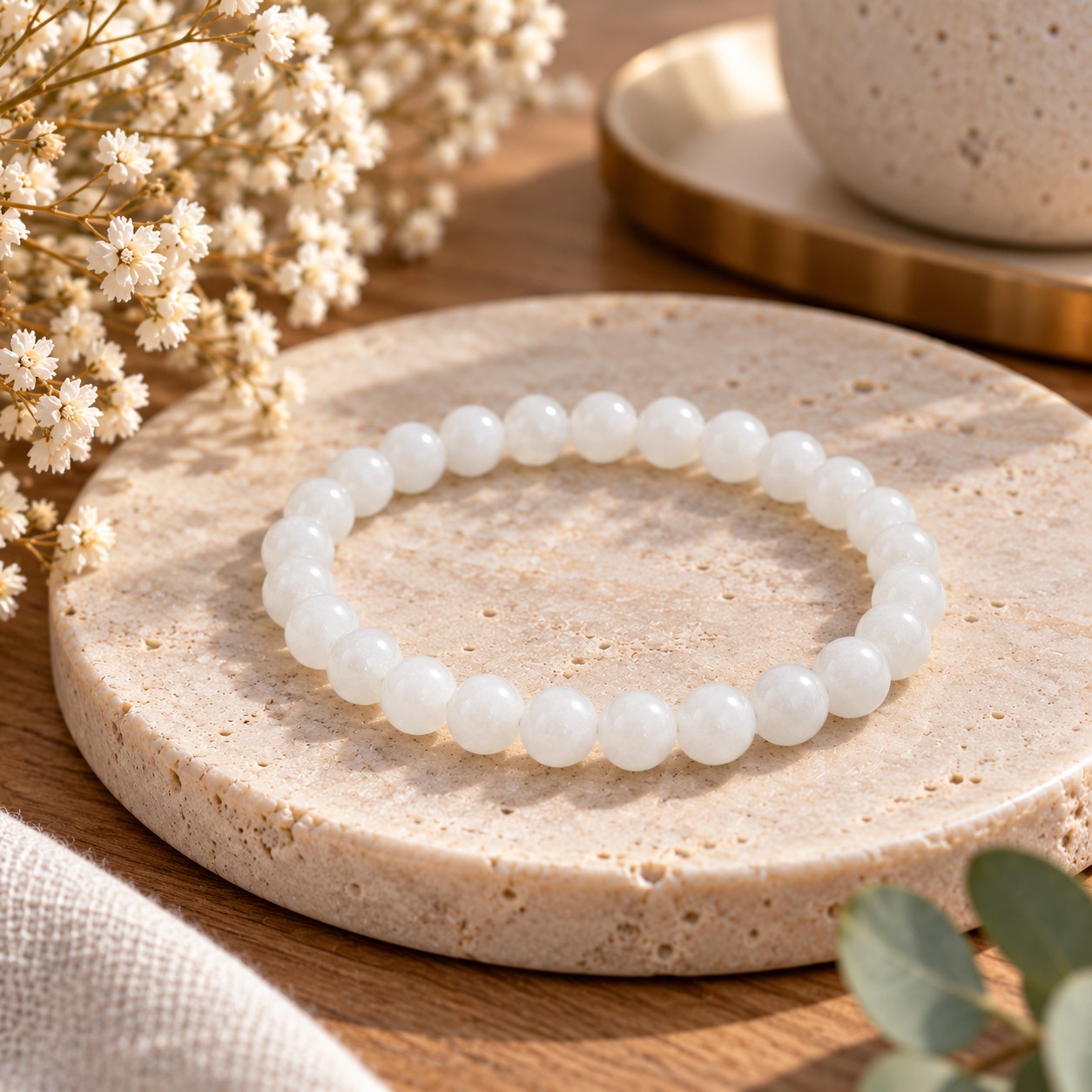 Handgefertigte weißes Jadeperlenarmband 6 - 6,5 mm Natursteinperlen in Schmuckschachtel