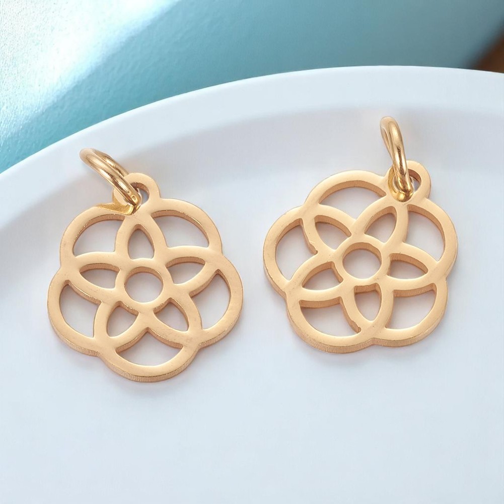 Goldfarbener Edelstahl Anhänger Charm Blume des Lebens 13 x 12 x 1,1 mm