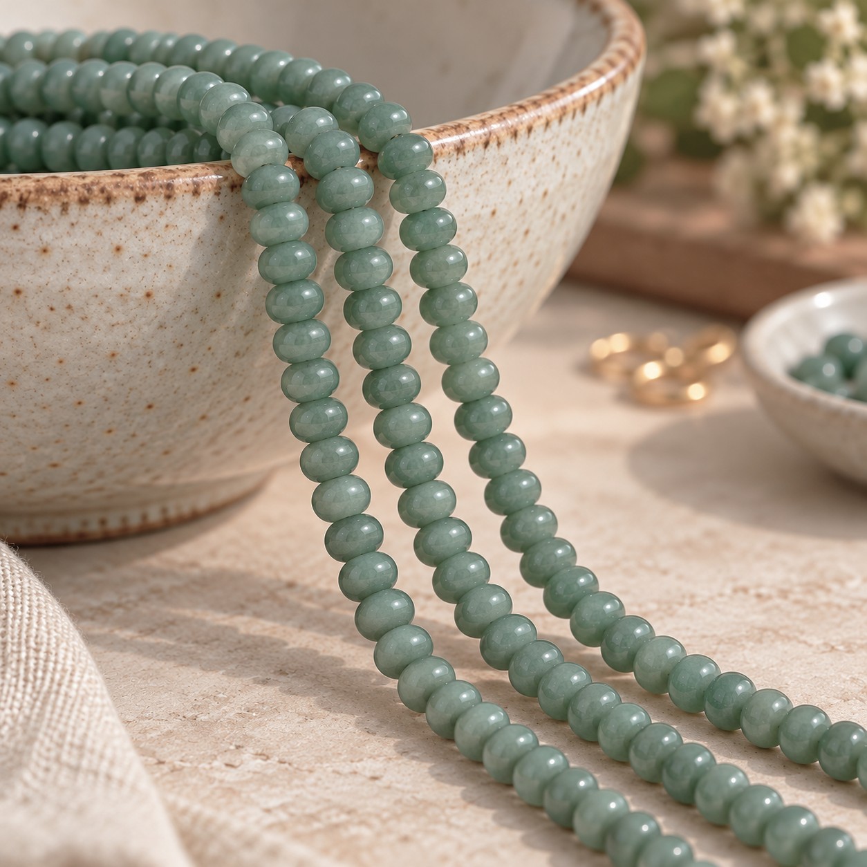 Malaysia Jade Perlenstrang Rondelle 6-6,5 x 3,8-4,5 mm (ca. 92 Perlen / ca. 38 cm Länge)