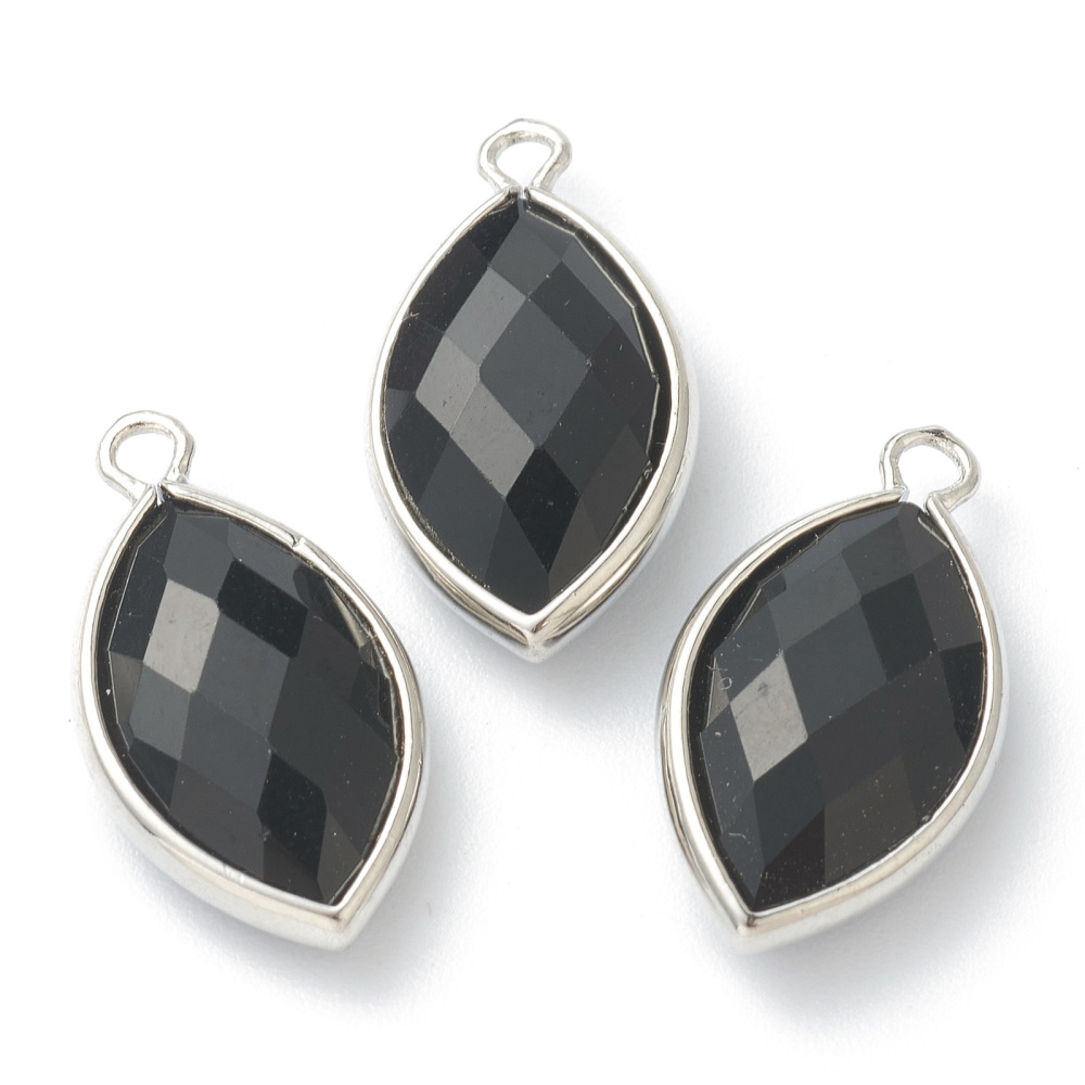 Natürlicher Obsidian Anhänger facettiert mit platinfarbener Metalleinfassung 22 x 12 x 5,5 mm