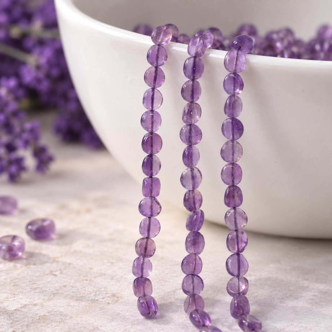 Amethyst Perlenstrang 5 - 5,5 x 3 - 3,3 mm unregelmäßige flache runde Perlen (ca. 32 cm Länge)