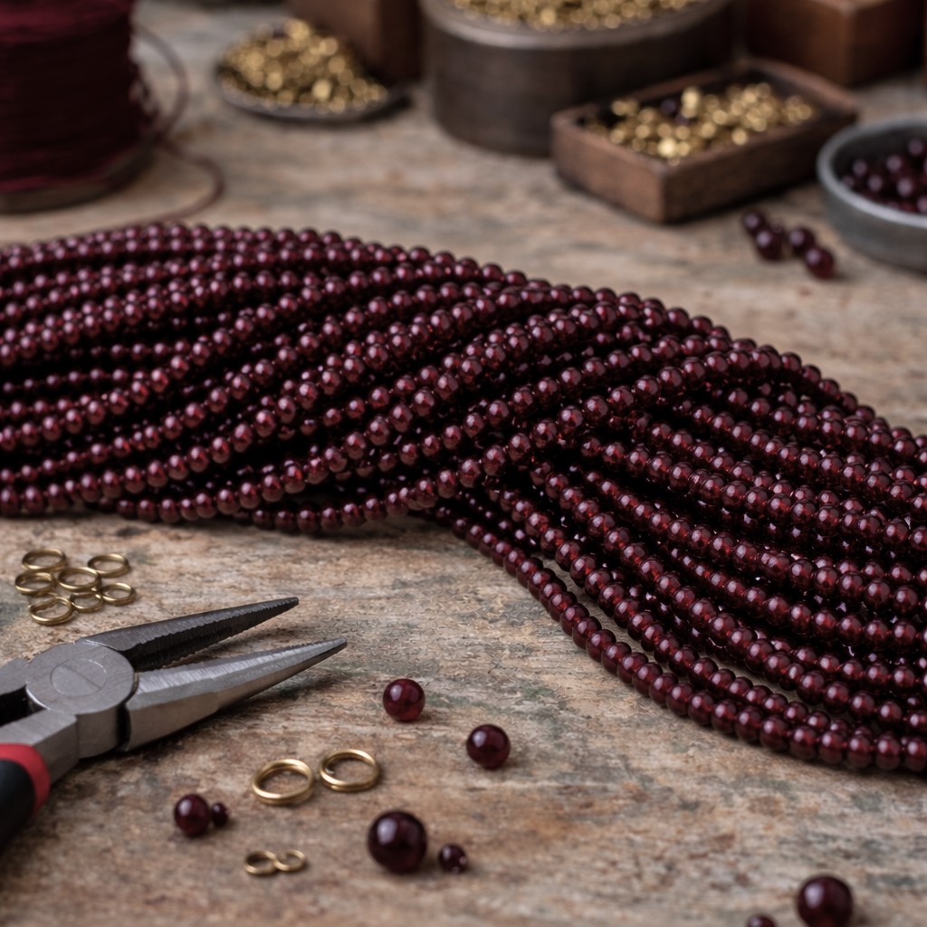 Natürlicher Granat Perlenstrang 4 - 4,5 mm rund glatt glänzend (ca. 98 Perlen / ca. 39,5 cm Länge)