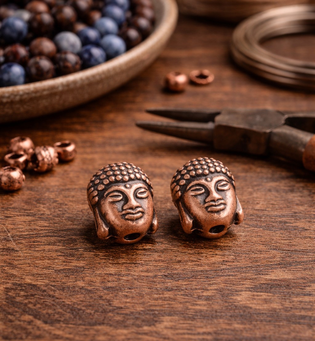 2 tibetische Buddha Perlen in Kupferoptik 10 x 9 x 8 mm - Metallperlen für Mala-Ketten & Schmuckdesign