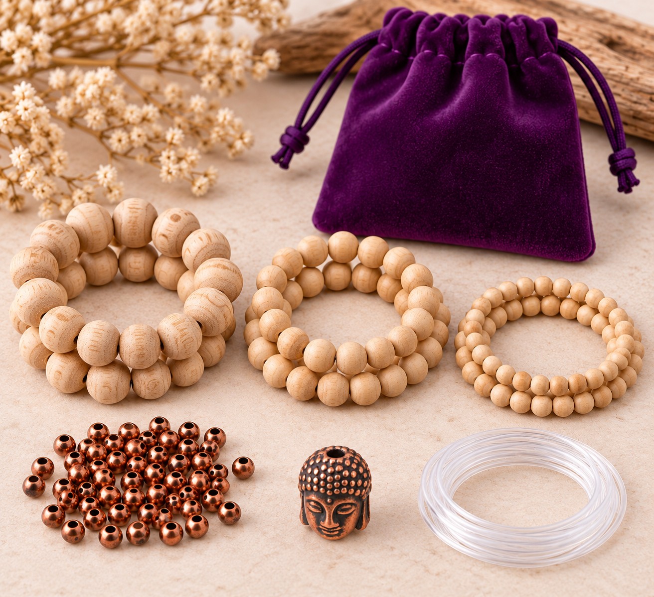 ACHTSAMKEIT - DIY Armband Bastelset mit Holzperlen und Buddhaperle
