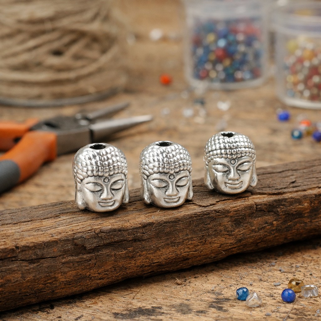 5 Buddha Perlen aus Metall antik silberfarben 9 x 7 x 7 mm