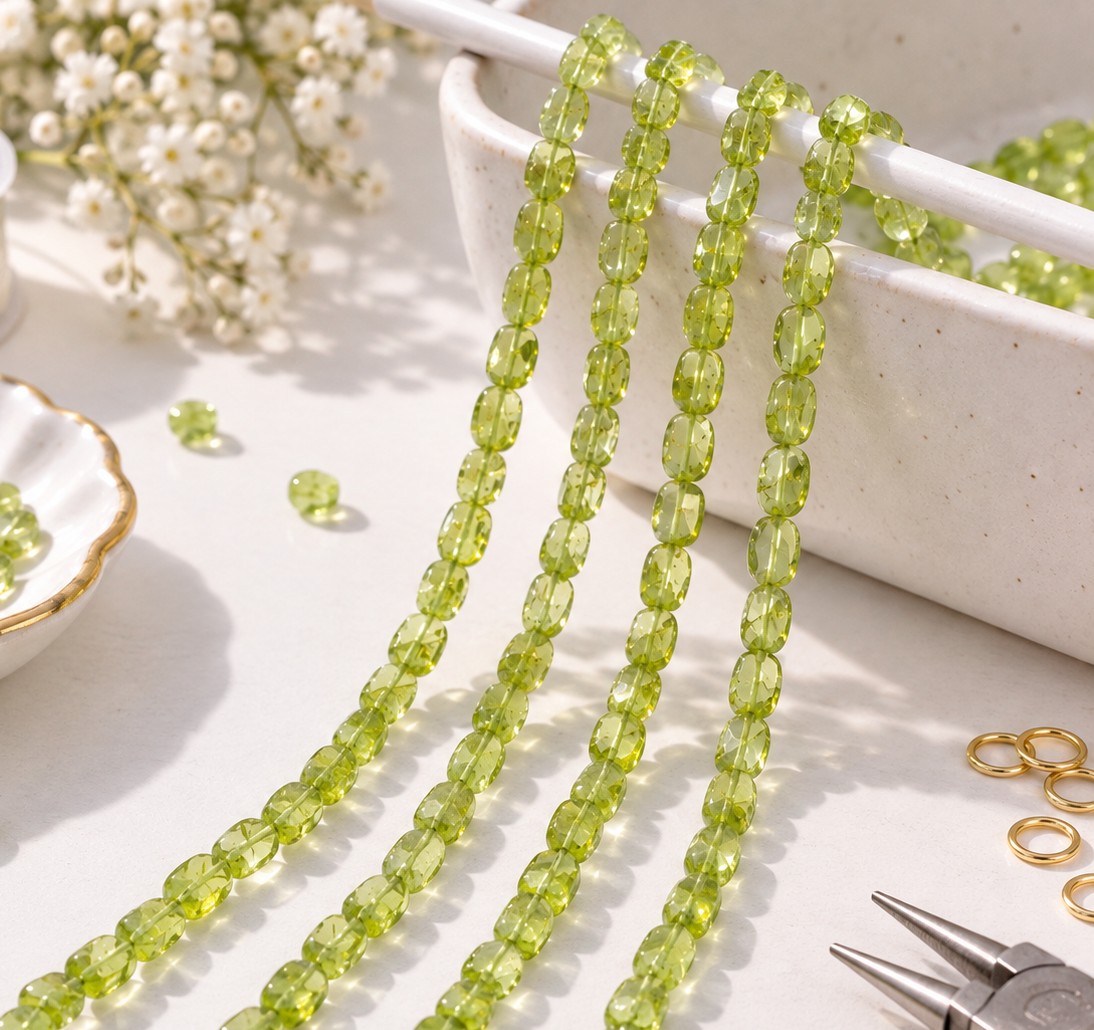 Peridot Perlenstrang unregelmäßige flache ovale Perlen 6,8 - 7,5 x 4 - 5 x 2 - 3 mm (ca. 34 cm Länge)