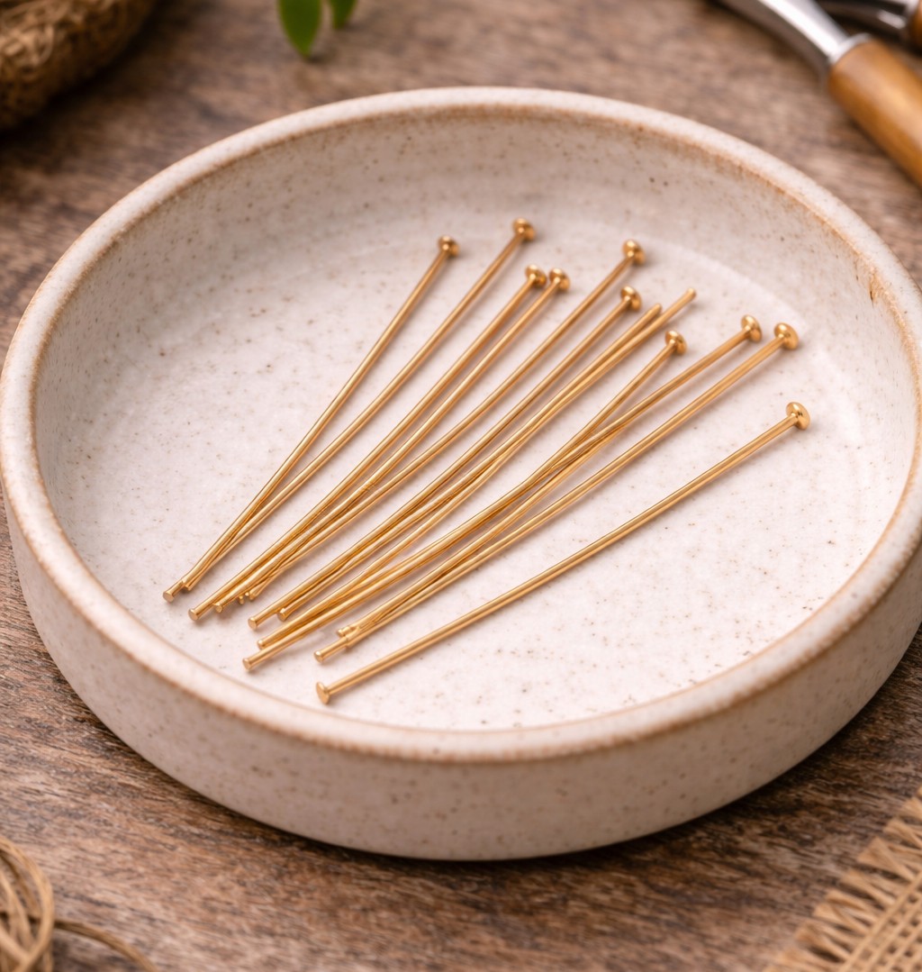 10 Flachkopfstifte aus Edelstahl 40,5 x 0,6 mm 18k vergoldet 22 Gauge