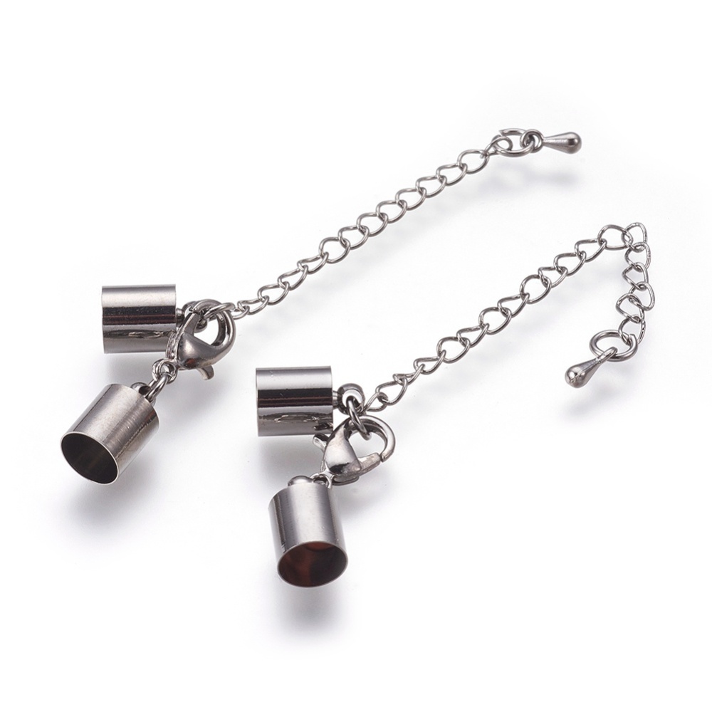 2 Sets Metall Endkappen für 6 - 6,5 mm Bänder metallgrau mit Karabinerschluß und Verlängerung