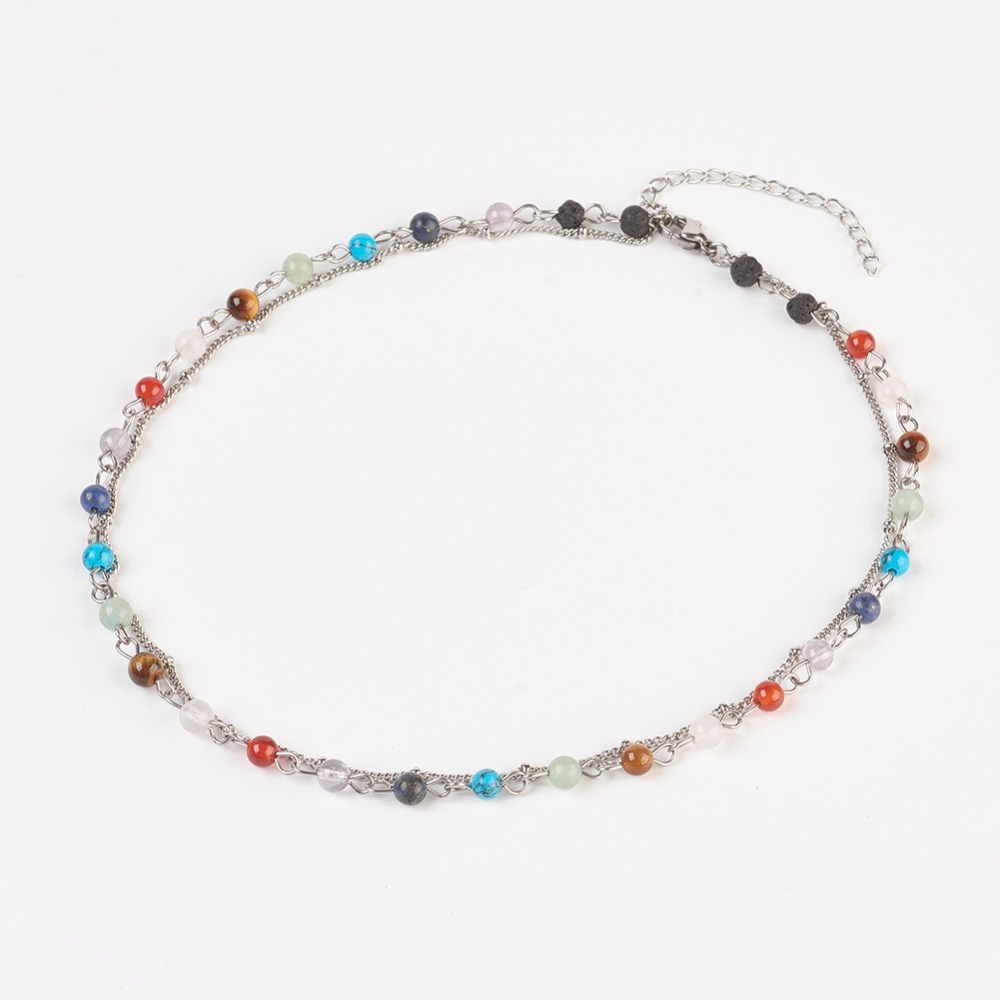 Doppelreihige Edelstahl Chakra Halskette mit natürlichen und synthetischen Perlen 32 cm Länge & 6 cm