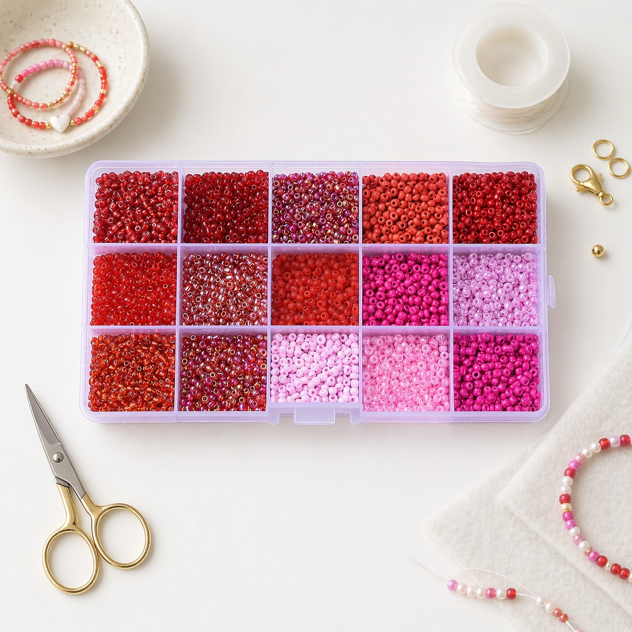 Rocailles Set 8/0 Glasperlen 15 verschiedene Farben 3 mm (ca. 230 Gramm) - Sortierbox für Schmuckherstellung