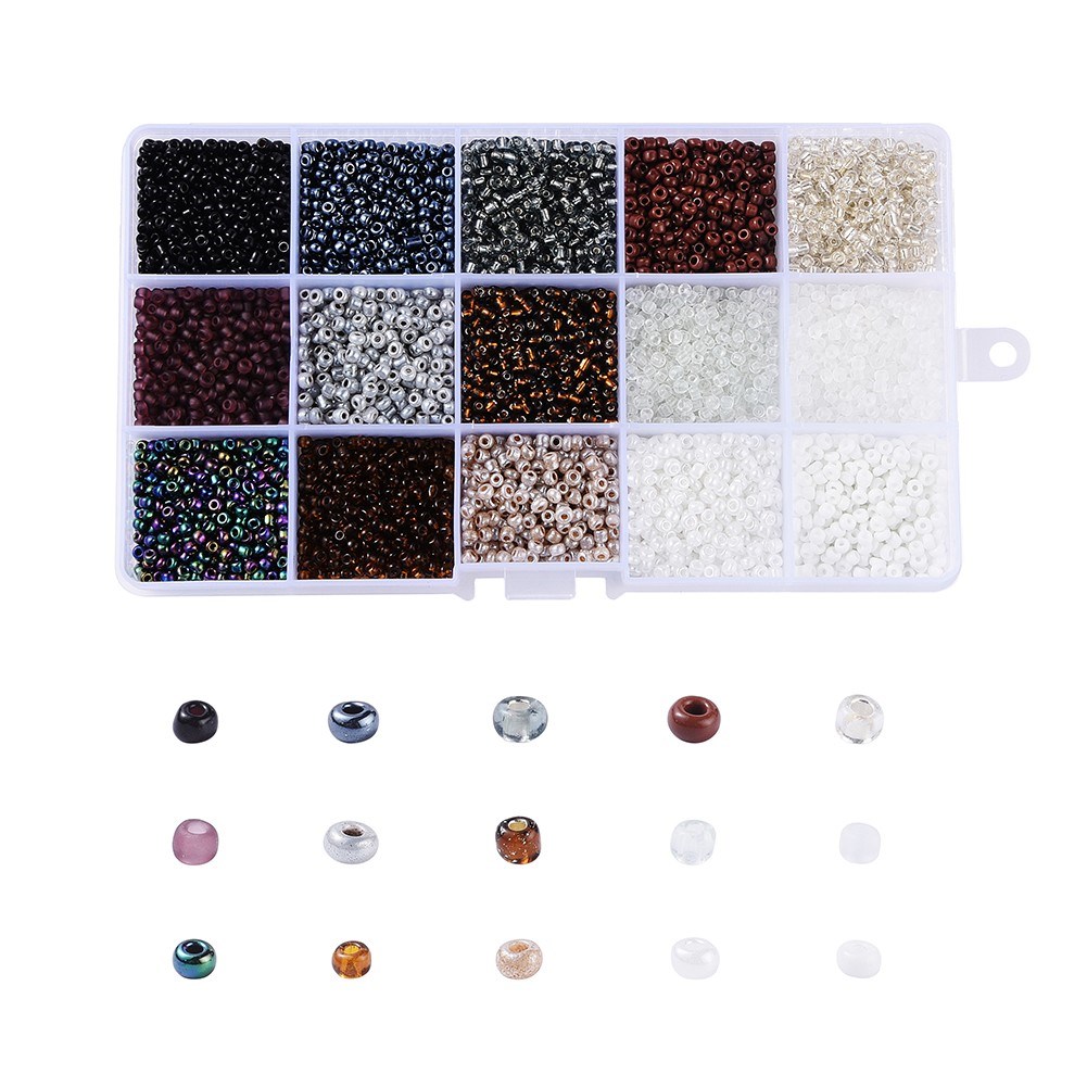 1 Kasten Rocailles 8/0 Glasperlen 15 verschiedene Farben 3 mm (ca. 230 Gramm)