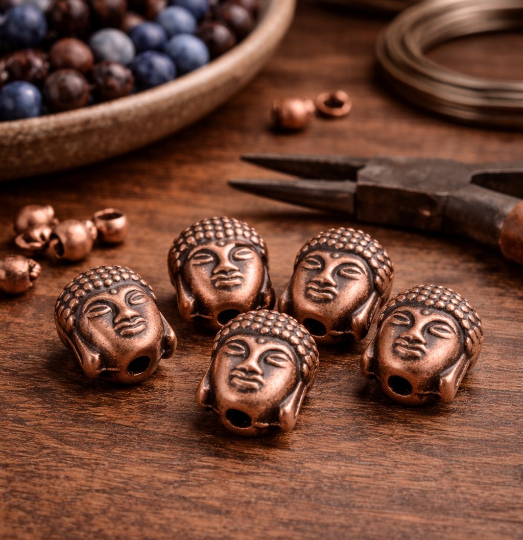 2 tibetische Buddha Perlen in Kupferoptik 10 x 9 x 8 mm - Metallperlen für Mala-Ketten & Schmuckdesign