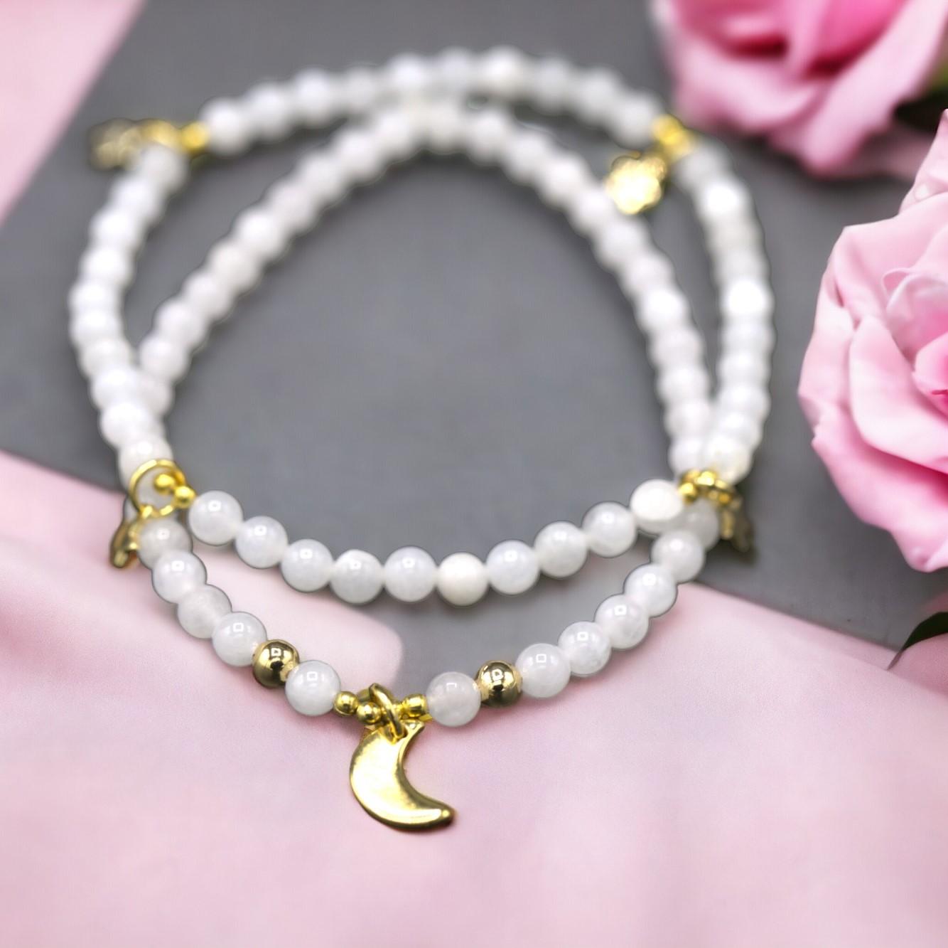 Bastelset für 2 Jadeperlen Armbänder Mond und Sterne goldfarben