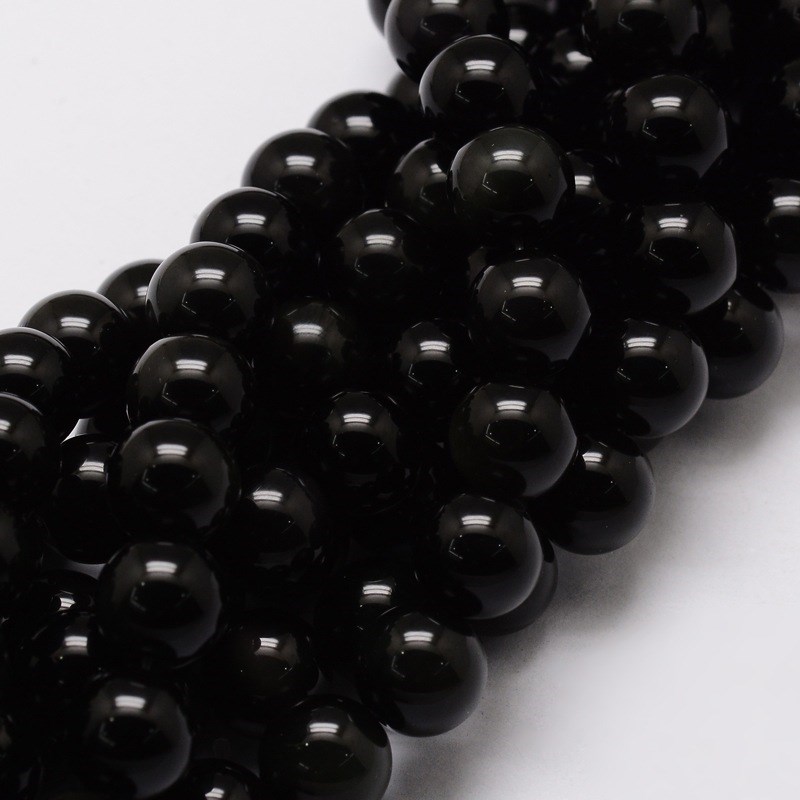 Obsidian Perlenstrang schwarz 10 mm rund glatt glänzend (ca. 38 Perlen / ca. 38 cm Länge)