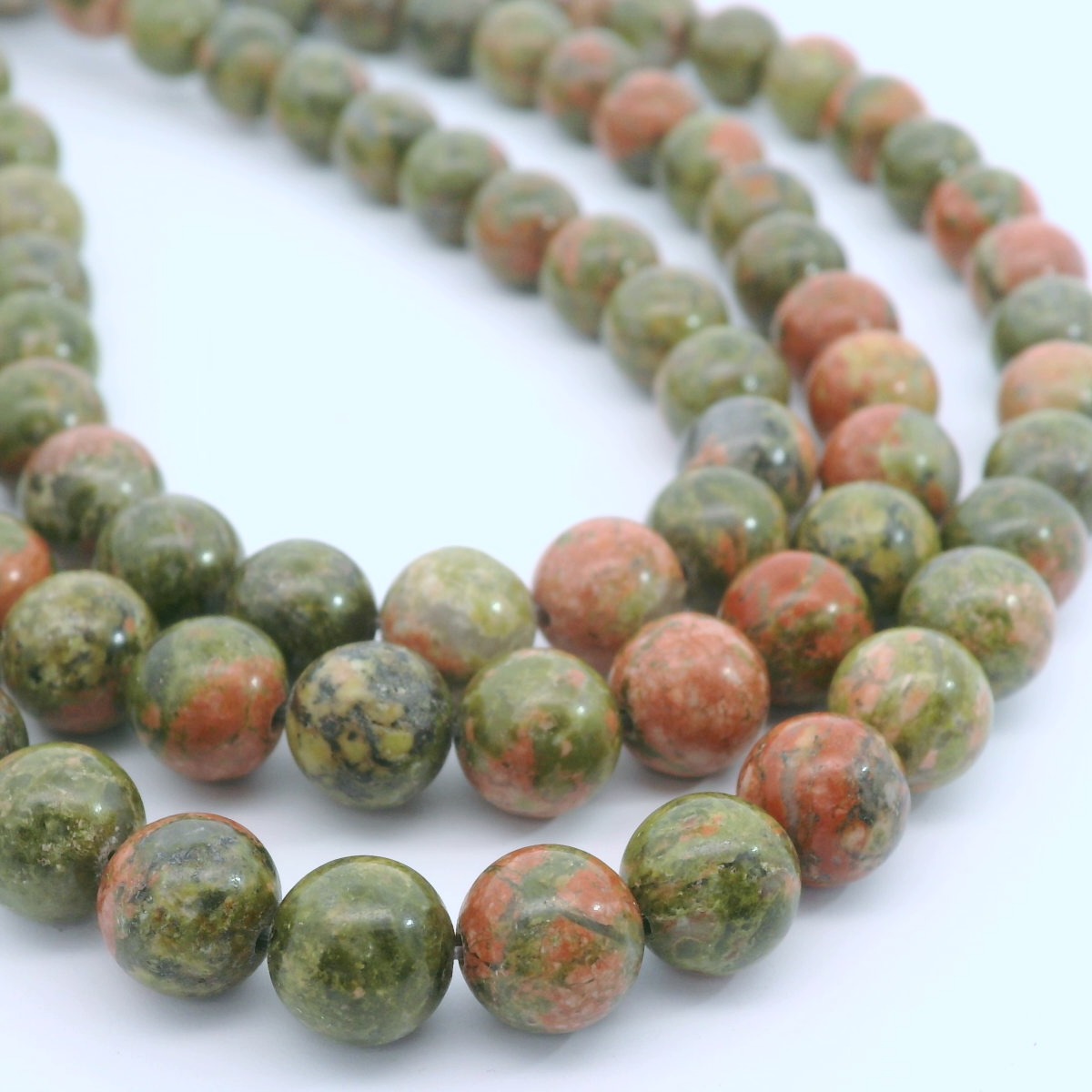 Natürlicher Unakite Perlenstrang rund glatt glänzend 8 mm (ca. 45 Perlen / ca. 38 cm Länge)