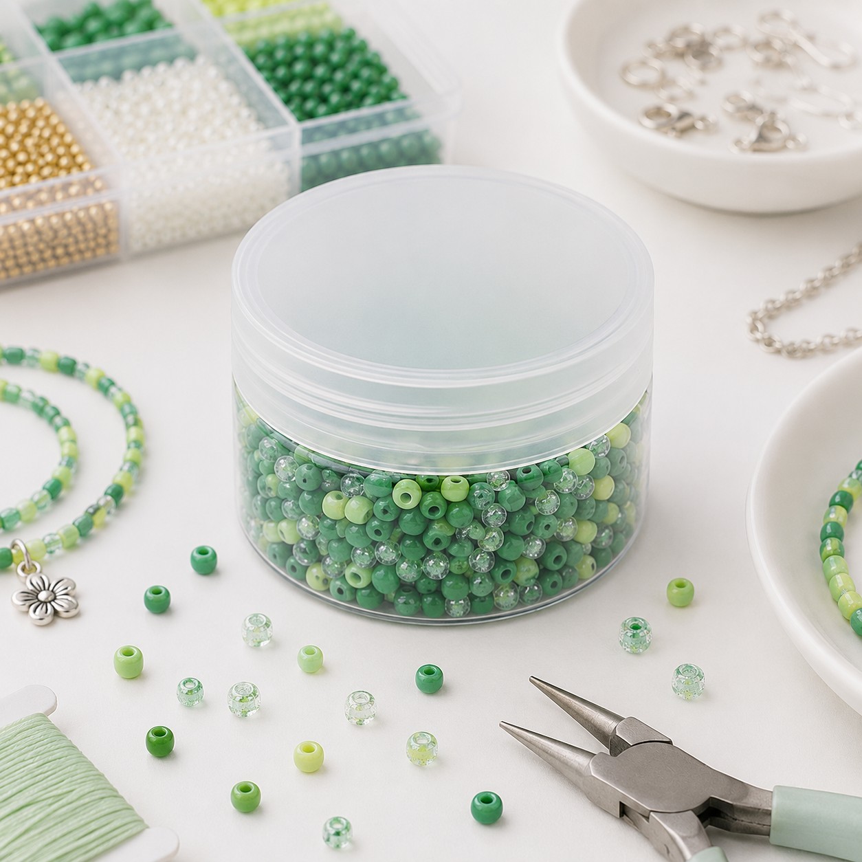 Grüne Rocailles Perlen in Vorratsdose - 3,5-5 x 2,5-4,5 mm (ca. 120 Gramm) - perfekt für kreative Bastelprojekte