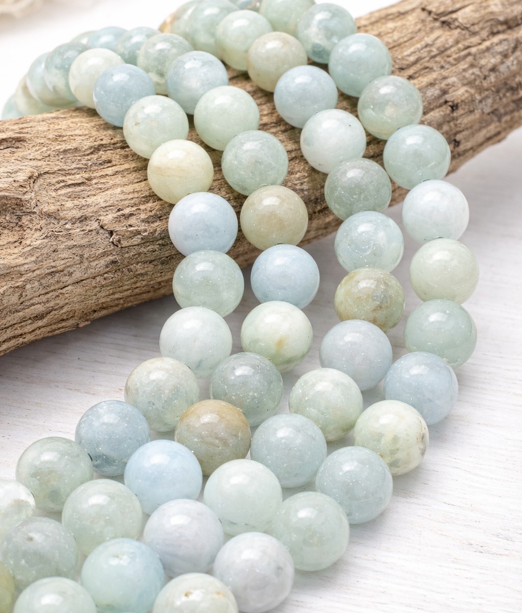 Natürlicher Aquamarin Perlenstrang 8 mm rund glatt glänzend (ca. 45 Perlen / ca. 39 cm Länge)