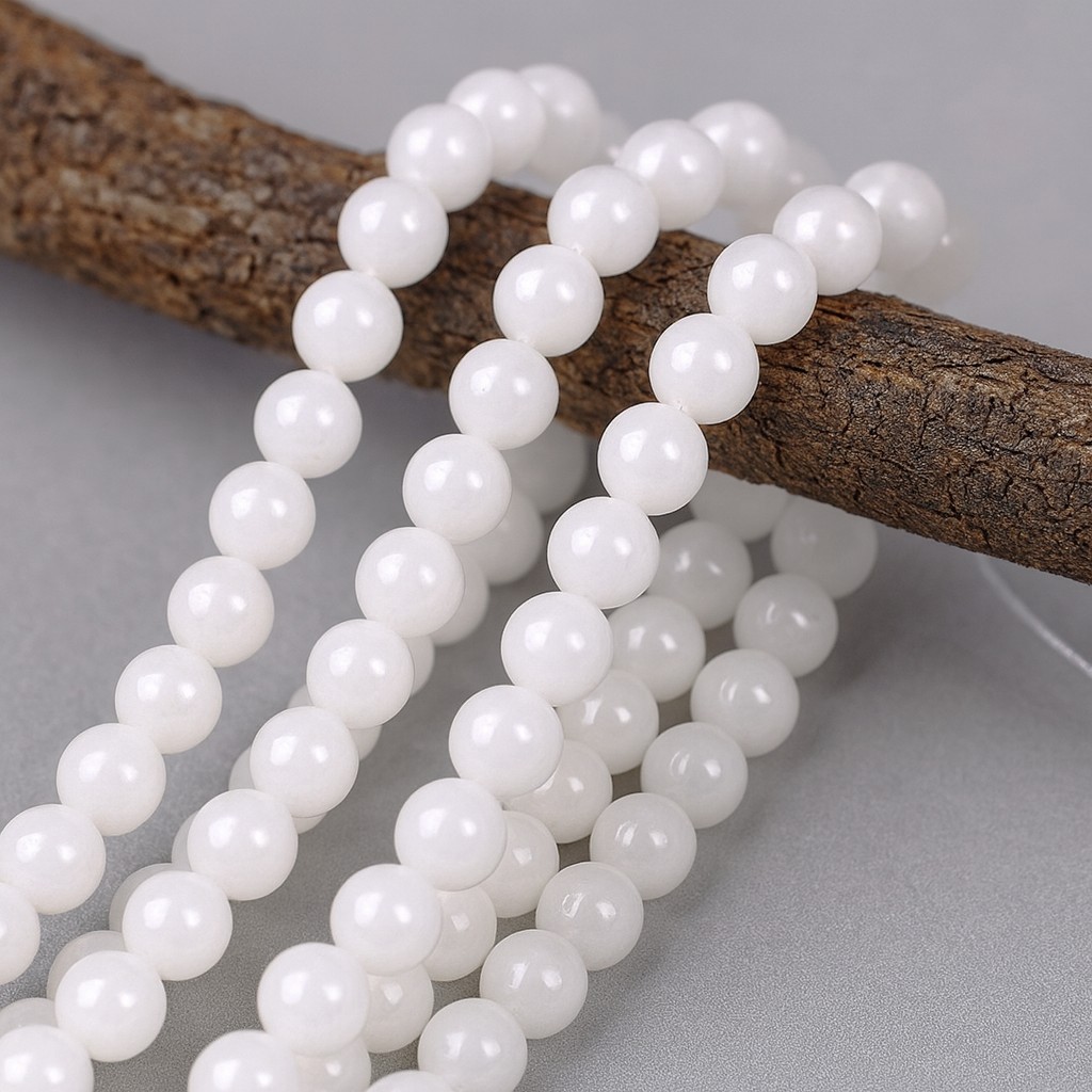 Natürlicher weißer Jade Perlenstrang rund glänzend glatt 8 mm (ca. 46 Perlen /ca. 38 cm Länge)