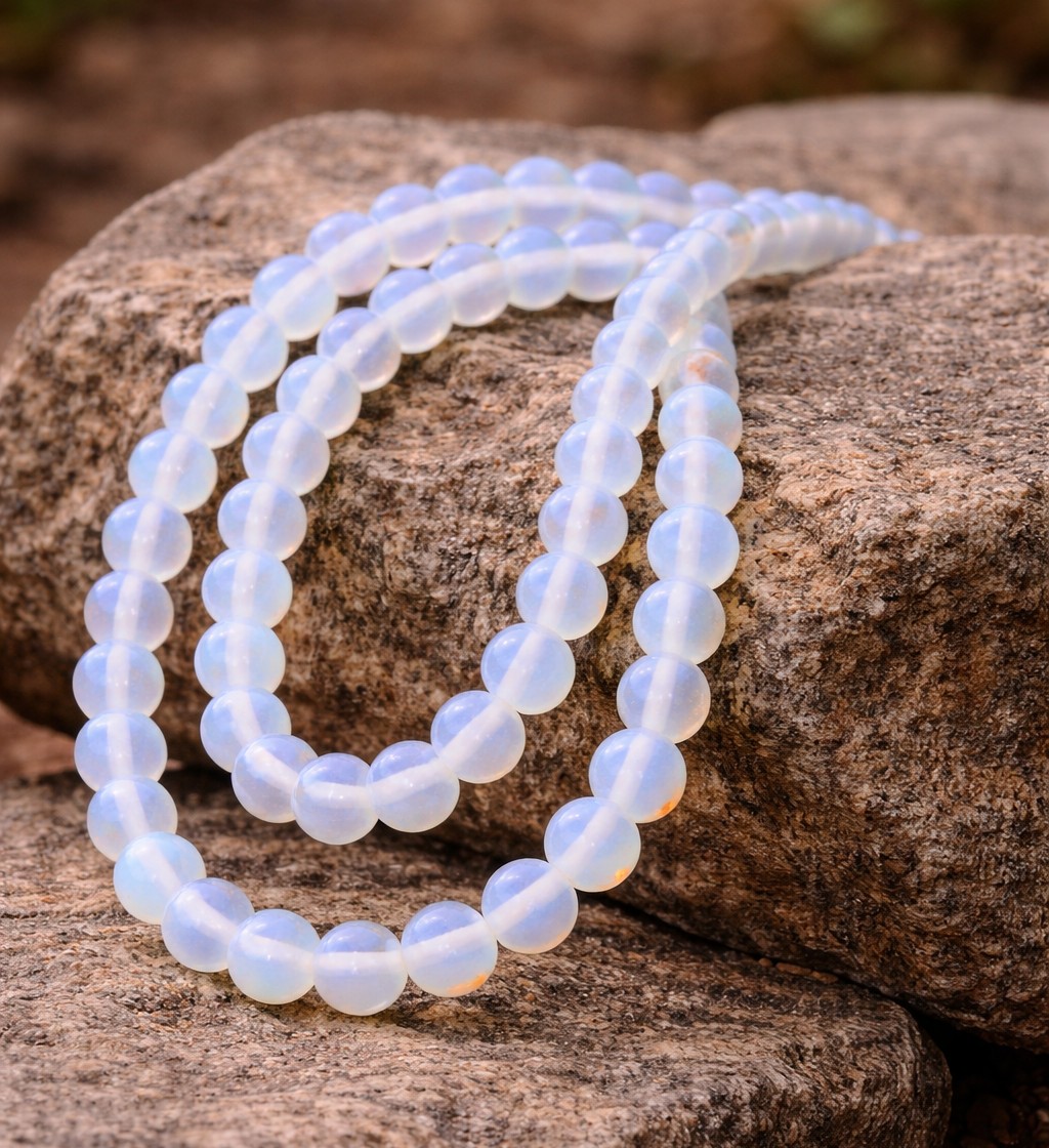 Weißer Opalit Perlenstrang 8 mm rund glatt (ca, 47 Perlen / ca. 37 cm Länge)