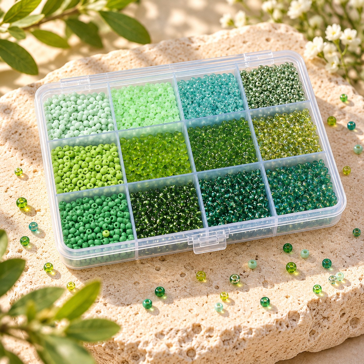 DIY Bastelset für Stretcharmbänder Rocailles Perlen Mischpackung mit 12 verschiedenen Grüntönen