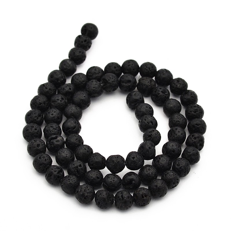 Natürlicher Lava Perlenstrang schwarz 8,5 - 8,8 mm gewachst (ca 47 Perlen / ca. 39,5 cm Länge)