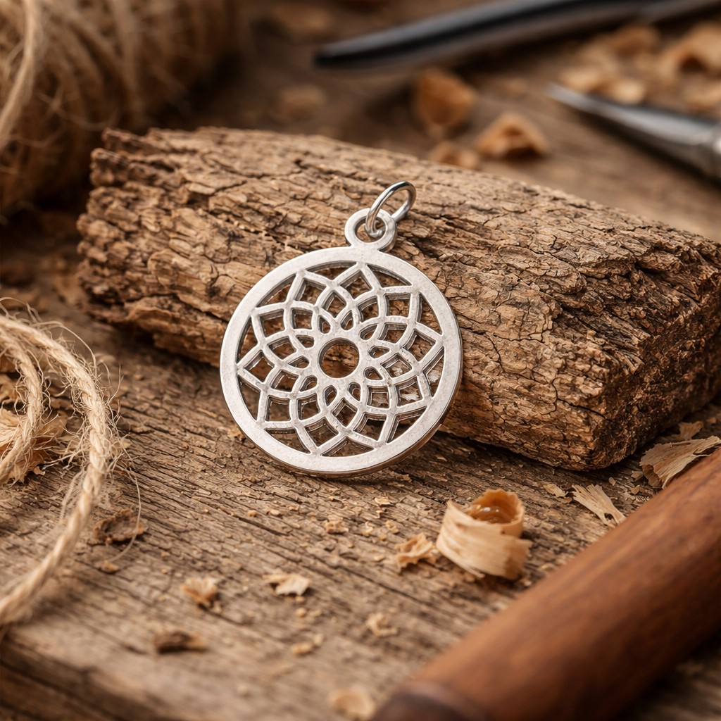 Edelstahl Chakra Anhänger rund platinfarben 22,5 x 19 x 1 mm - filigranes Mandala Design