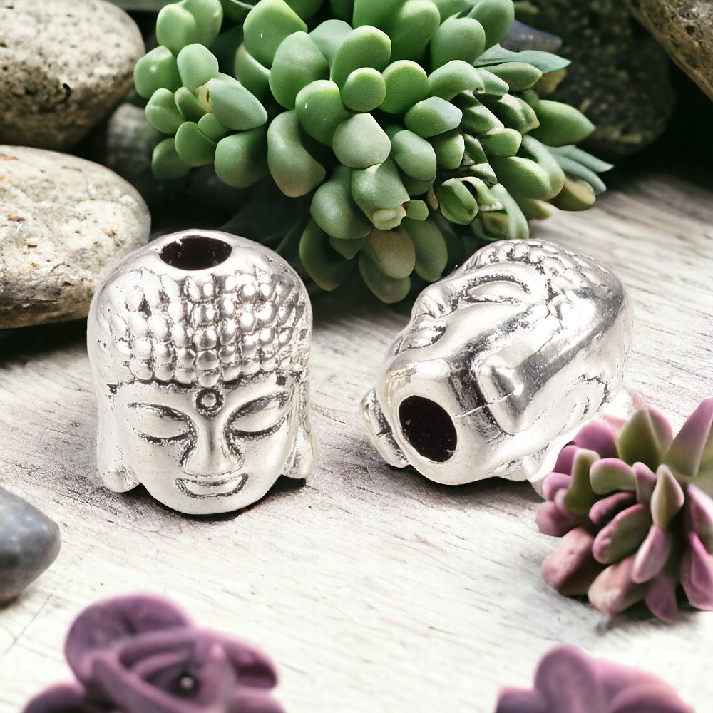 5 Buddha Perlen aus Metall antik silberfarben 9 x 7 x 7 mm