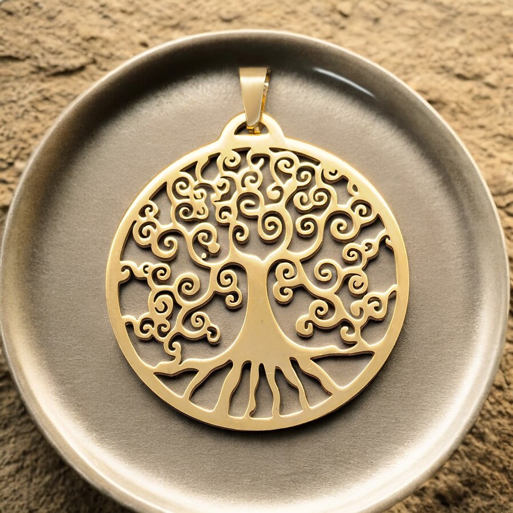 Edelstahl Anhänger Baum des Lebens rund goldfarben 32 x 29,5 x 1 mm