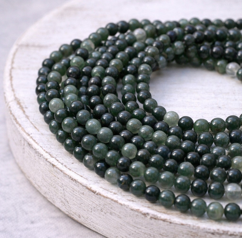 Natürlicher Moosachat Perlenstrang ca. 4,5 mm rund glatt glänzend (ca. 85 Perlen / ca. 38 cm Länge)