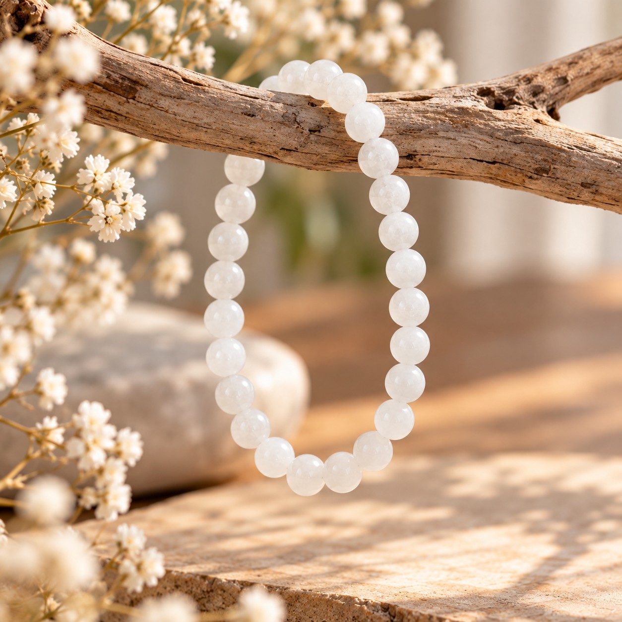 Handgefertigte weißes Jadeperlenarmband 6 - 6,5 mm Natursteinperlen in Schmuckschachtel